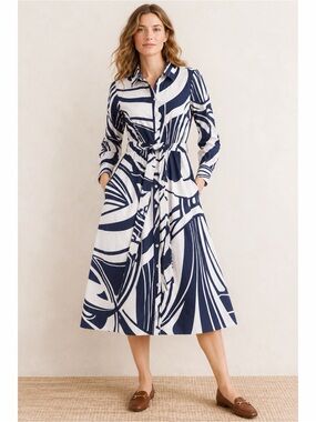 Boden Navy and White Printed Button-Front Midi Dress